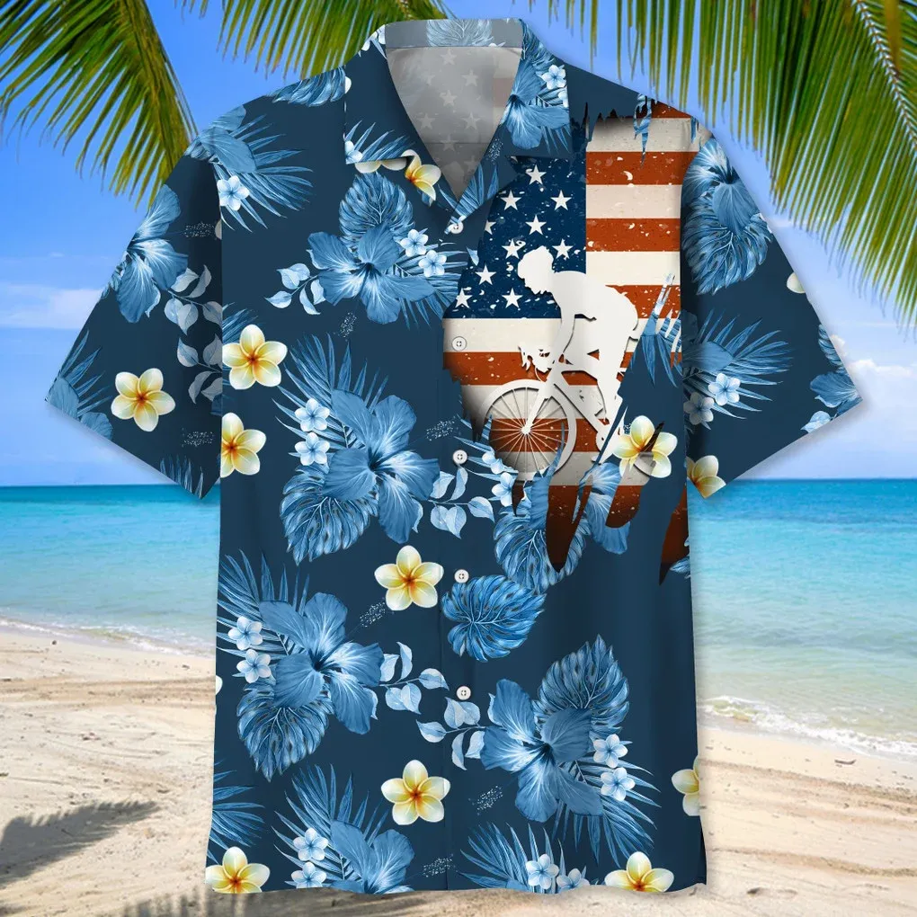 Cycling Usa Blue Tropical Hawaiian Shirt, Hawaii Shirt for Men Women, Flag Shirt