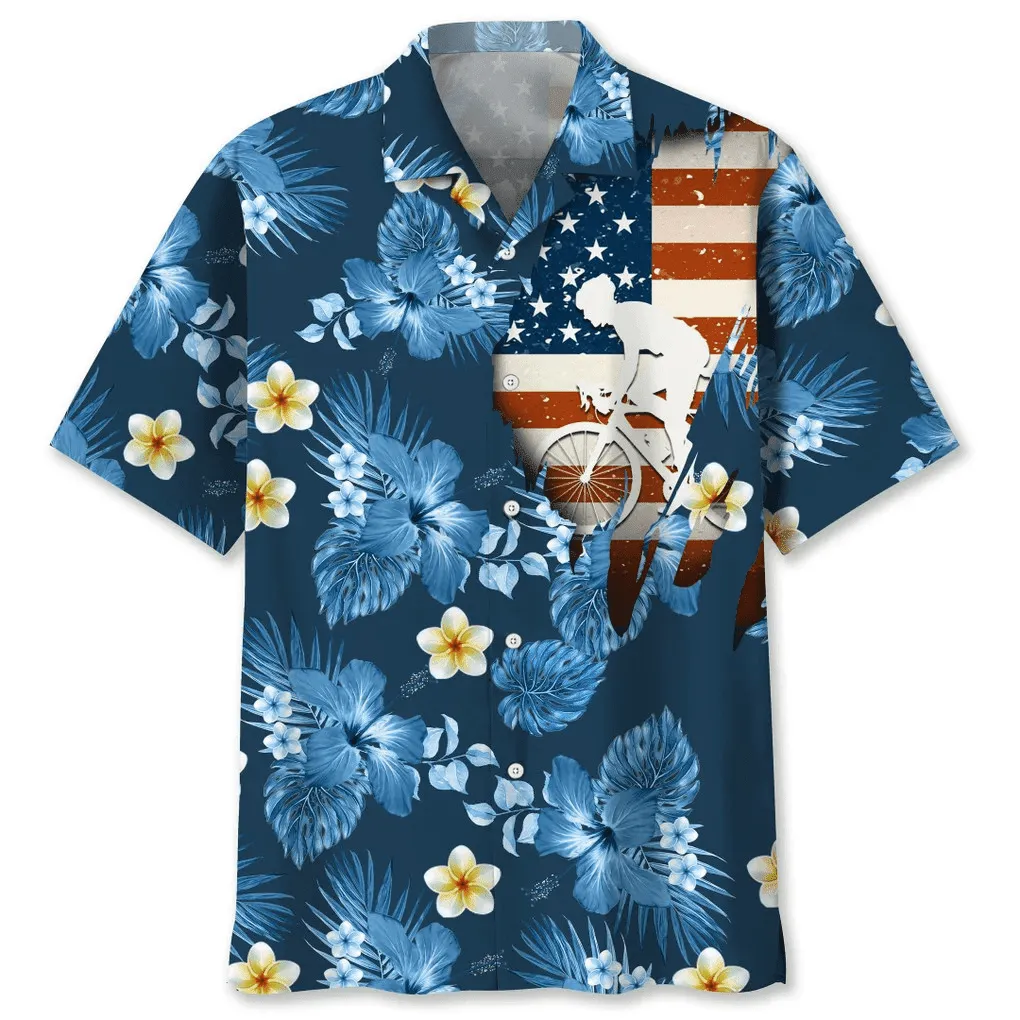 Cycling Usa Blue Tropical Hawaiian Shirt, Hawaii Shirt for Men Women, Flag Shirt