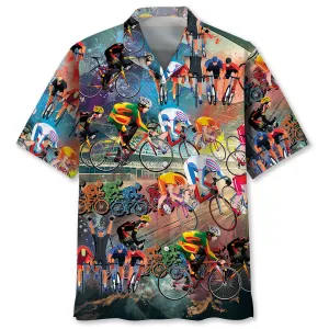 Cycling Vintage Hawaiian Shirt, Cycling Color Pattern Hawaii Shirt for Men