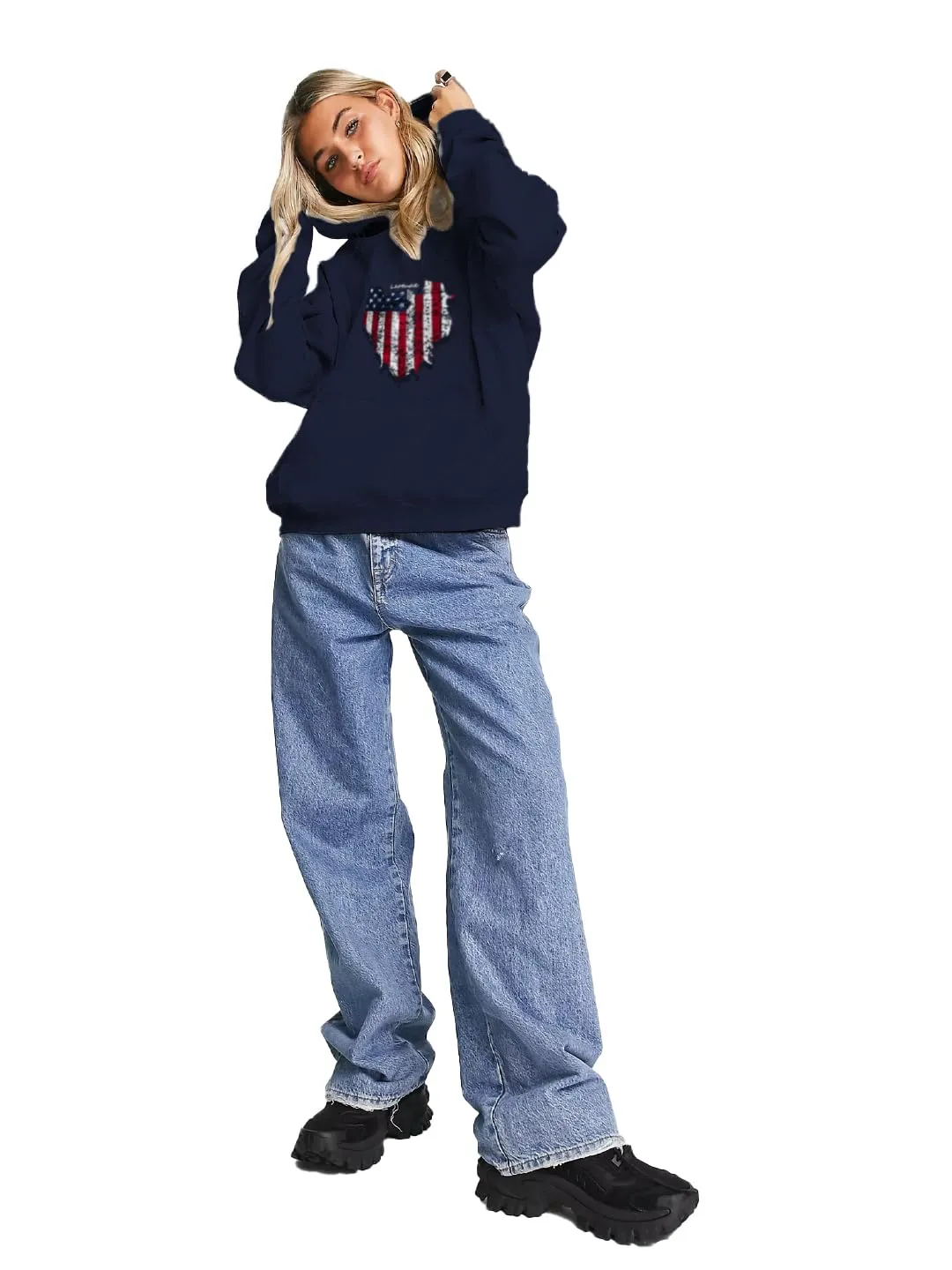 LEOTUDE Women's Loopknit Oversized Hooded Neck Loose Sweatshirt (GRL_W88_AMERICAN1_P_Navy_L)