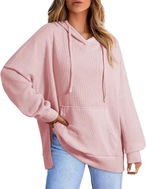 Oversized Hoodies for Women Waffle Hem Slit Drawstring Long Sleeve Sweatshirt Loose Lightweight Pullover with Pocket