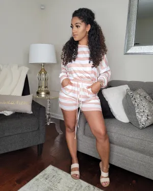 Relax V | White Khaki Stripe Lounge Wear Short Set