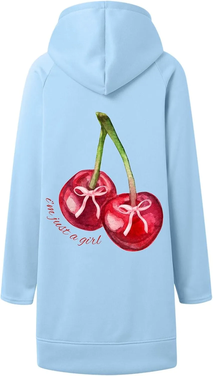 The Warmy Oversized Hoodie Dress Women Casual Cherry Print Long Sleeve Warmy Hoodie Split Hem Hoodies with Pocket