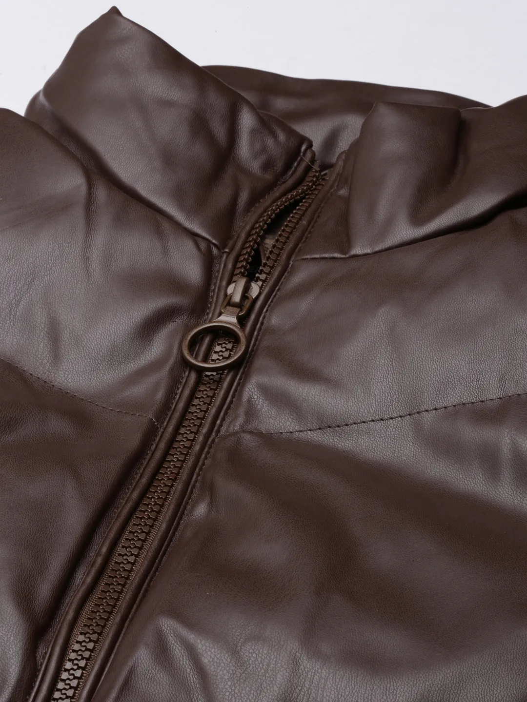 Women Brown Mock Collar Crop Puffer Jacket