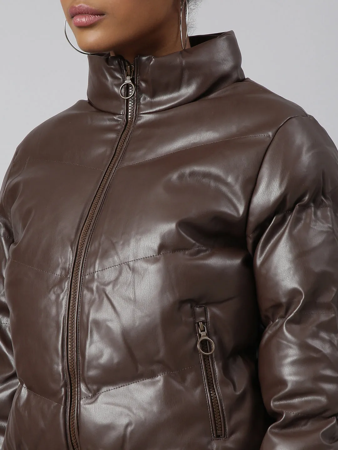Women Brown Mock Collar Crop Puffer Jacket