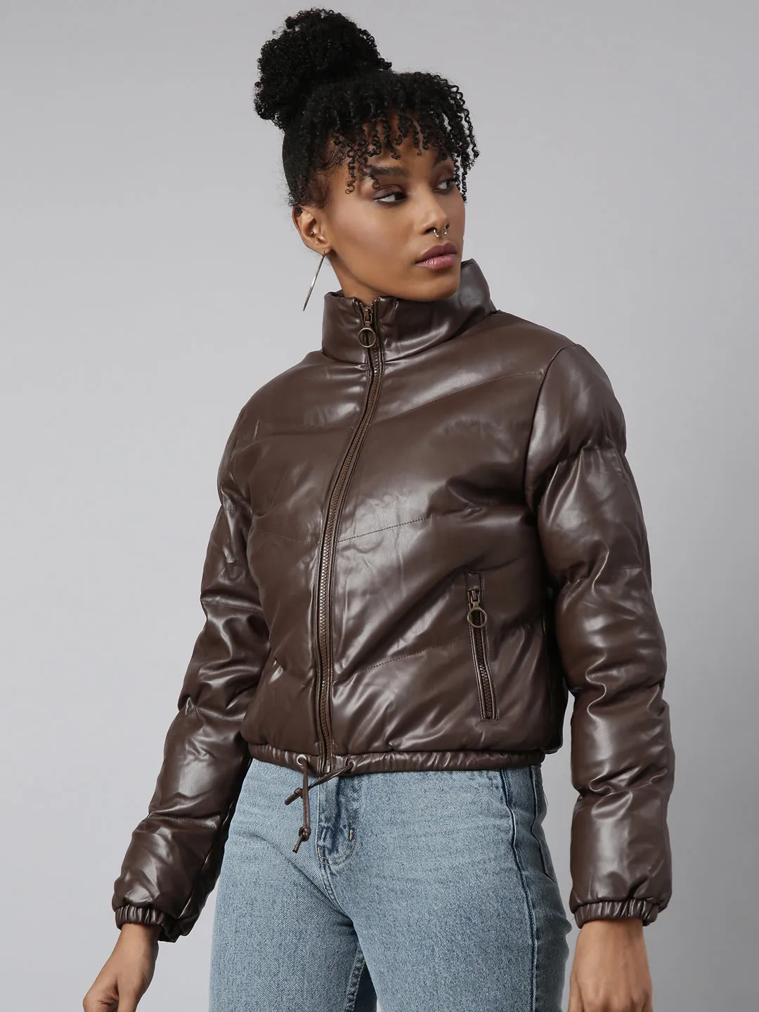 Women Brown Mock Collar Crop Puffer Jacket