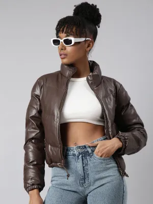 Women Brown Mock Collar Crop Puffer Jacket