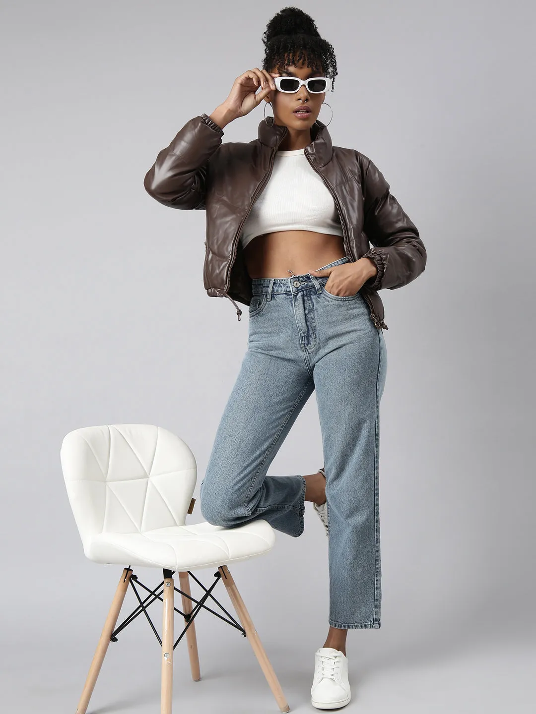 Women Brown Mock Collar Crop Puffer Jacket