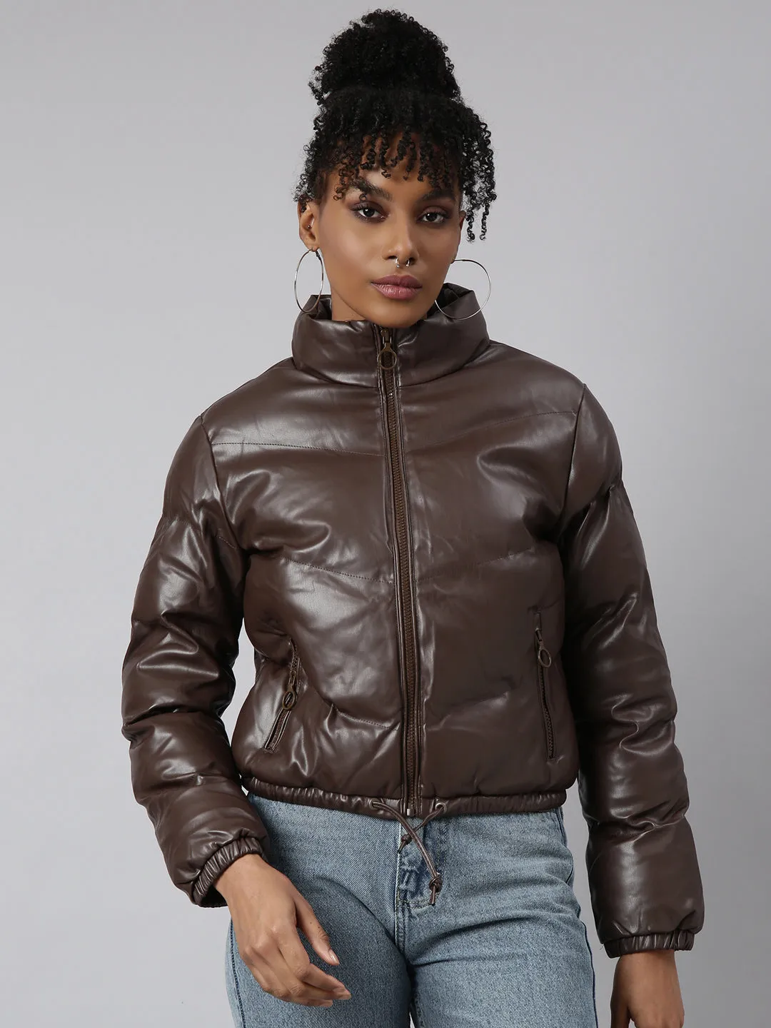 Women Brown Mock Collar Crop Puffer Jacket
