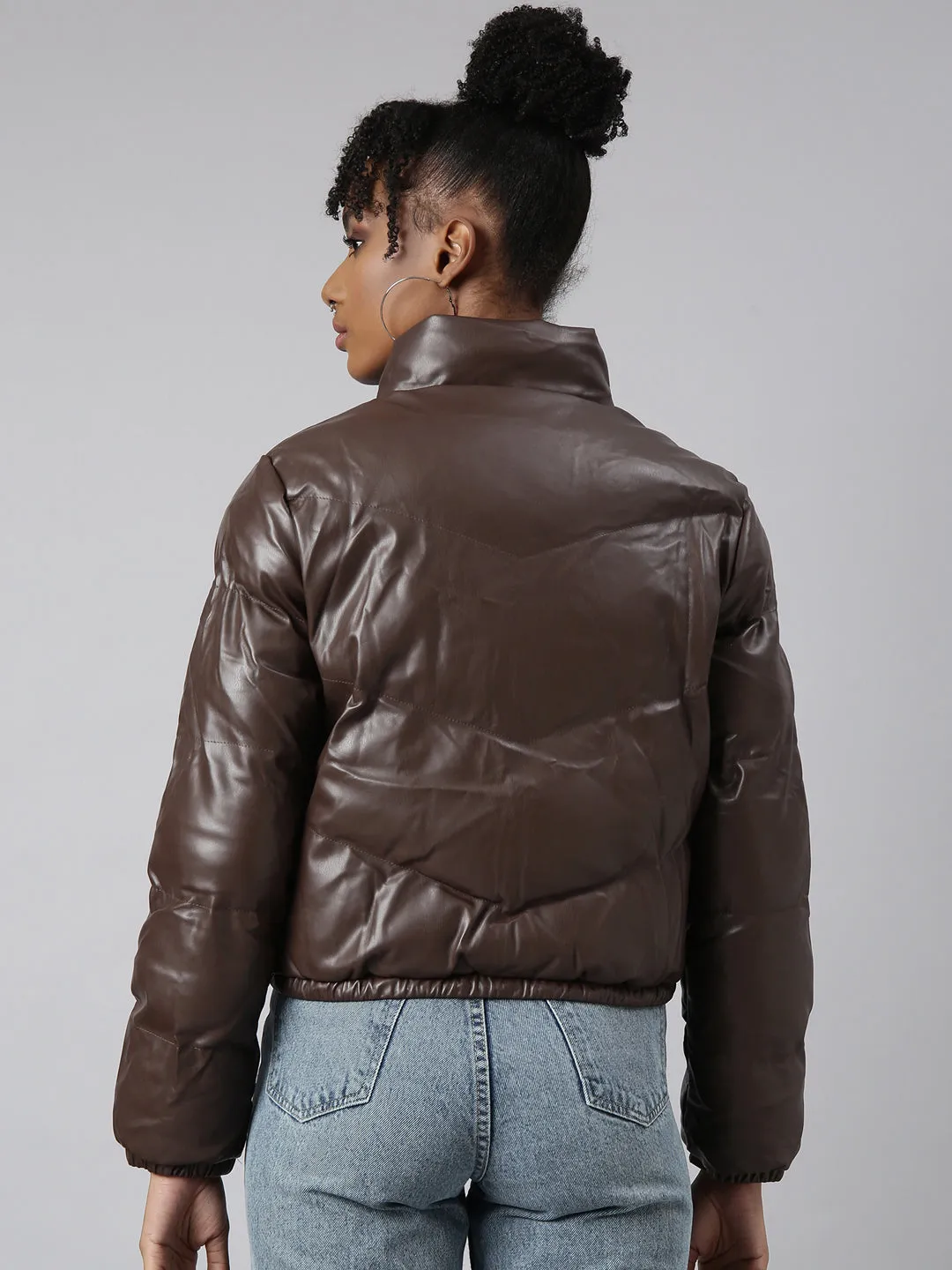 Women Brown Mock Collar Crop Puffer Jacket