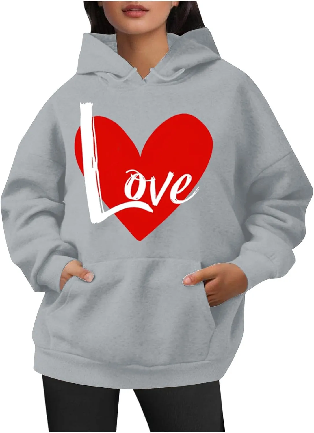 Women Heart Print Hoodie Classic Solid Graphic Oversized Pullover Valentines Day Long Sleeve Sweatshirt with Pocket