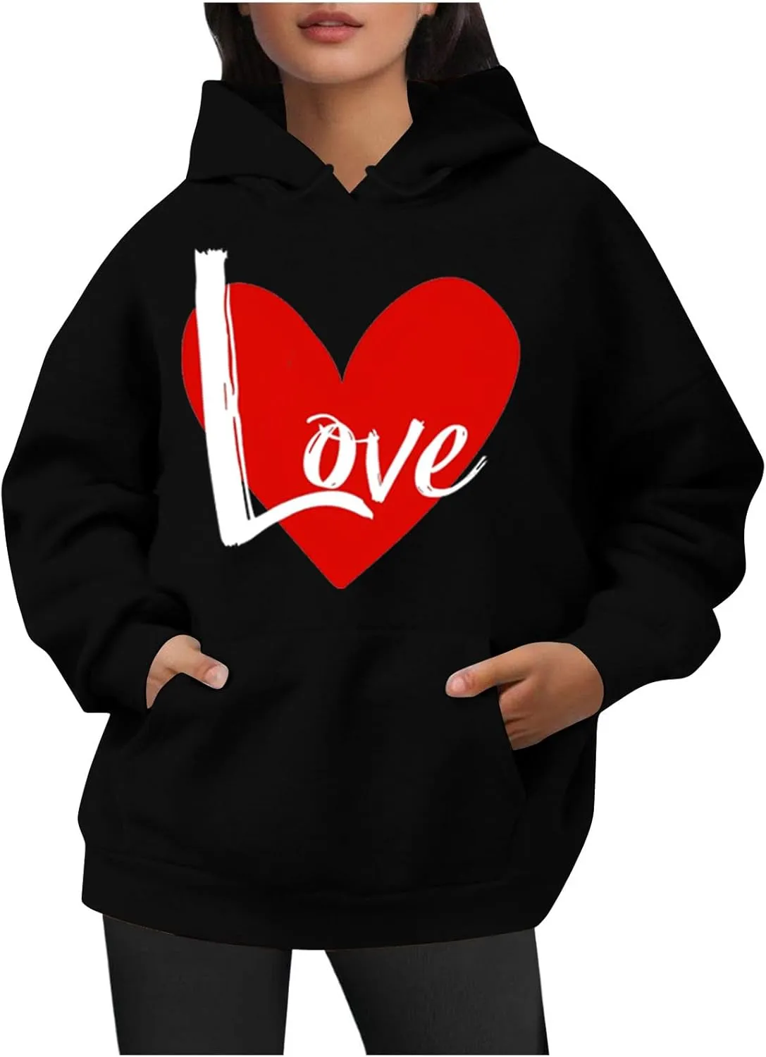 Women Heart Print Hoodie Classic Solid Graphic Oversized Pullover Valentines Day Long Sleeve Sweatshirt with Pocket