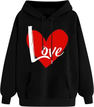 Women Heart Print Hoodie Classic Solid Graphic Oversized Pullover Valentines Day Long Sleeve Sweatshirt with Pocket