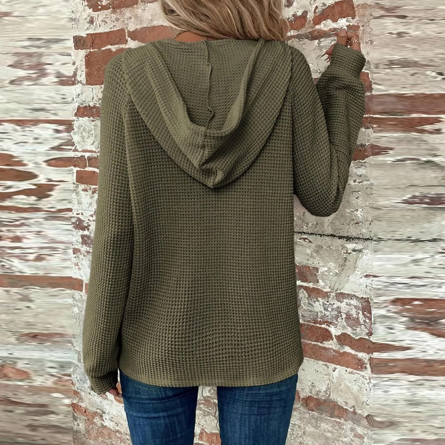 Women Hoodies Waffle Knit Drawstring Button V Neck Oversized Hoodies Pullover Fall Fashion Lightweight Tunic Hoodies