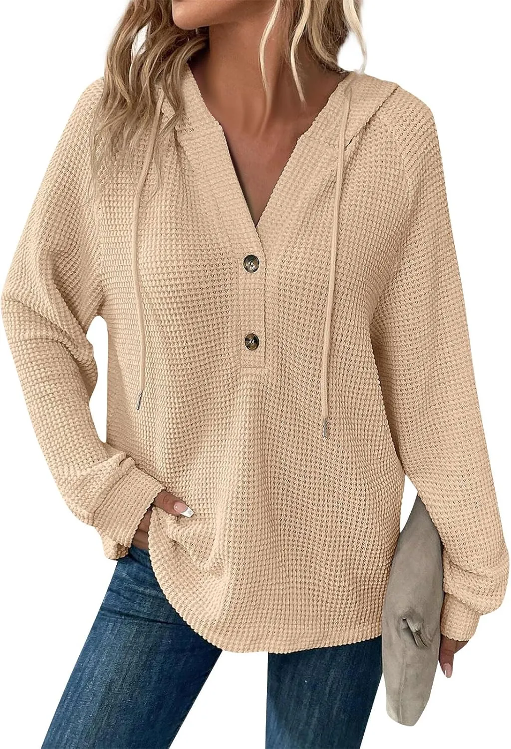 Women Hoodies Waffle Knit Drawstring Button V Neck Oversized Hoodies Pullover Fall Fashion Lightweight Tunic Hoodies