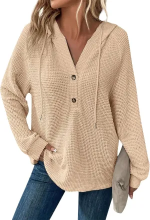 Women Hoodies Waffle Knit Drawstring Button V Neck Oversized Hoodies Pullover Fall Fashion Lightweight Tunic Hoodies