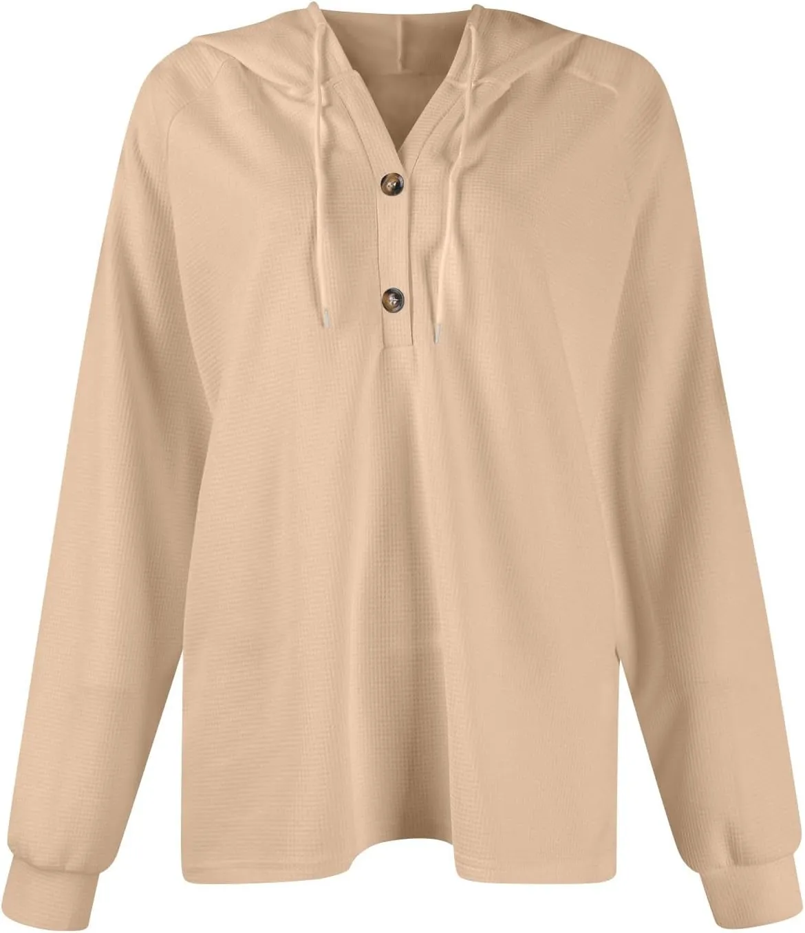 Women Hoodies Waffle Knit Drawstring Button V Neck Oversized Hoodies Pullover Fall Fashion Lightweight Tunic Hoodies