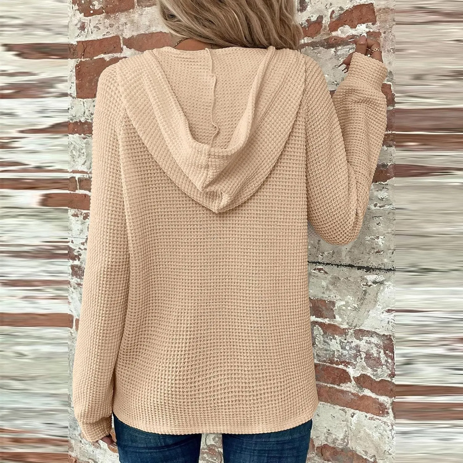 Women Hoodies Waffle Knit Drawstring Button V Neck Oversized Hoodies Pullover Fall Fashion Lightweight Tunic Hoodies
